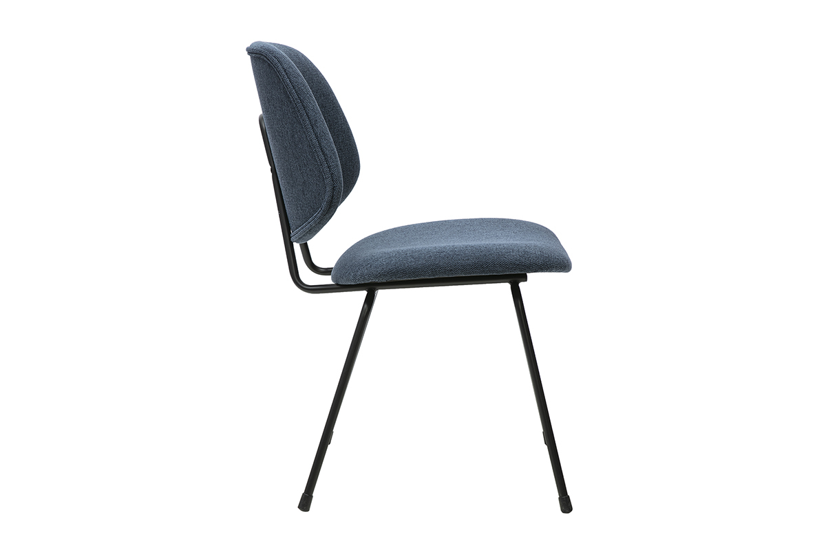 Silla de dise�o BARNET en tejido de terciopelo texturizado azul oscuro, vista de perfil, con estructura de metal negro.