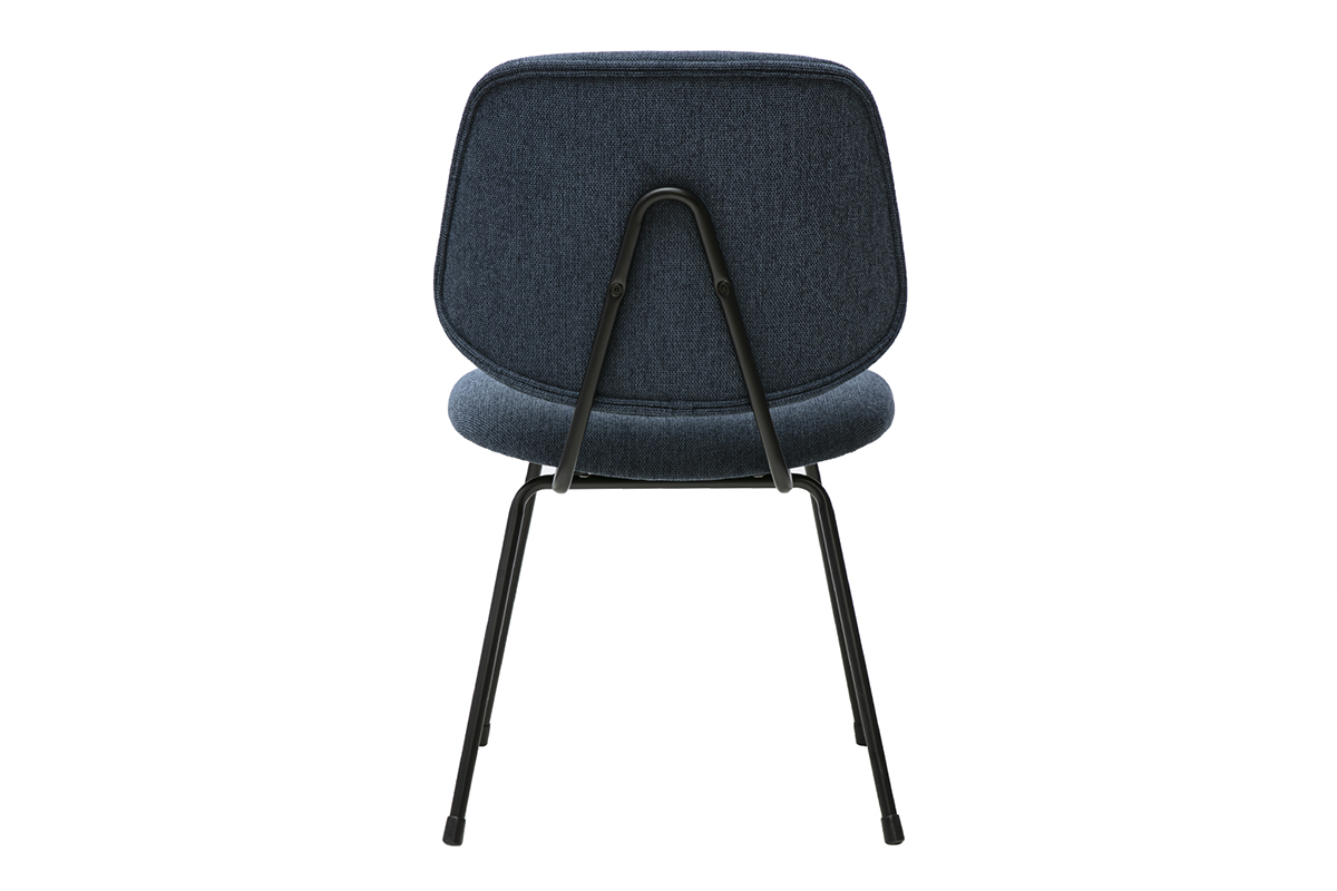 Silla de dise�o en tela azul oscuro, vista trasera, con estructura de metal negro.