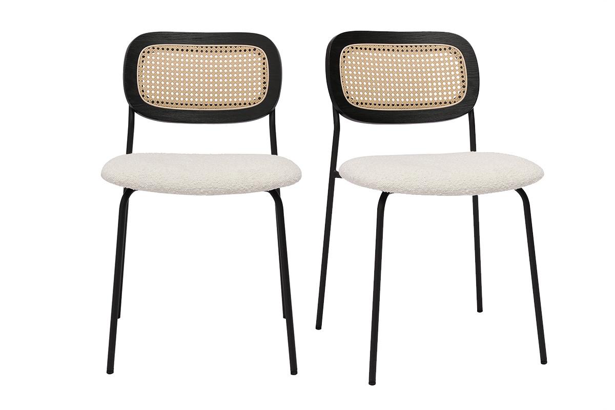 Sillas de diseo de tela de lana rizada blanco, metal negro y mimbre entrelazado (juego de 2) MIRANDA