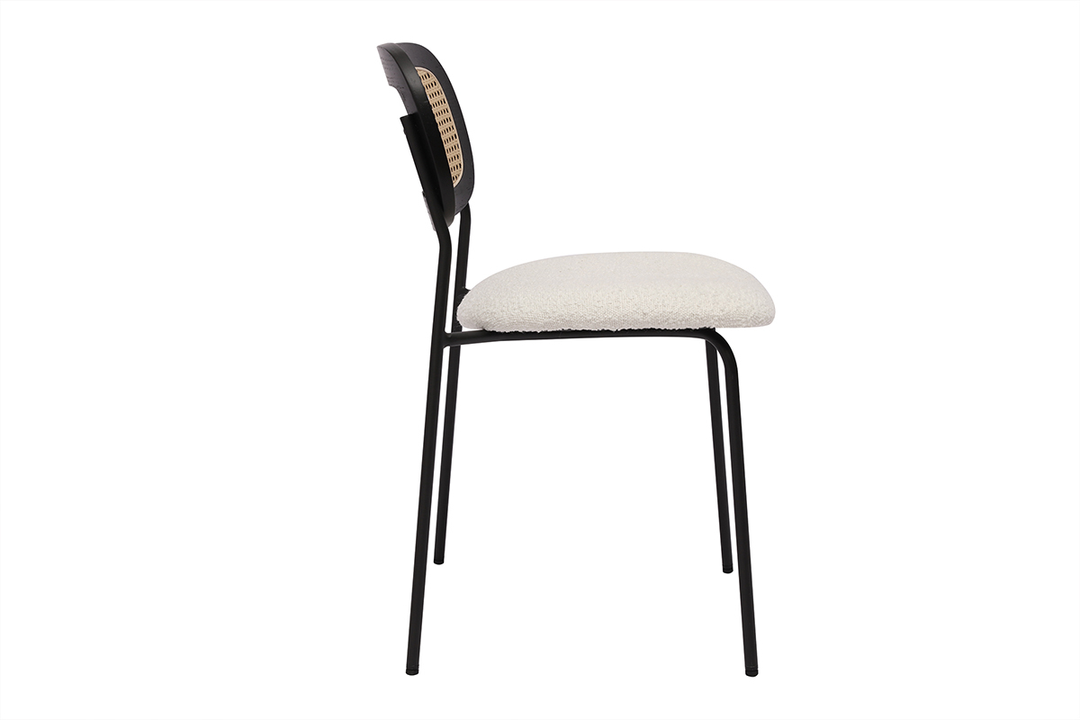 Sillas de diseo de tela de lana rizada blanco, metal negro y mimbre entrelazado (juego de 2) MIRANDA