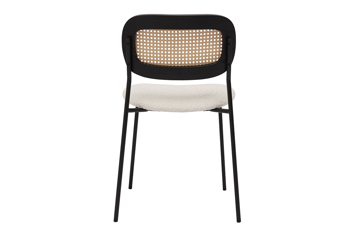 Sillas de diseo de tela de lana rizada blanco, metal negro y mimbre entrelazado (juego de 2) MIRANDA