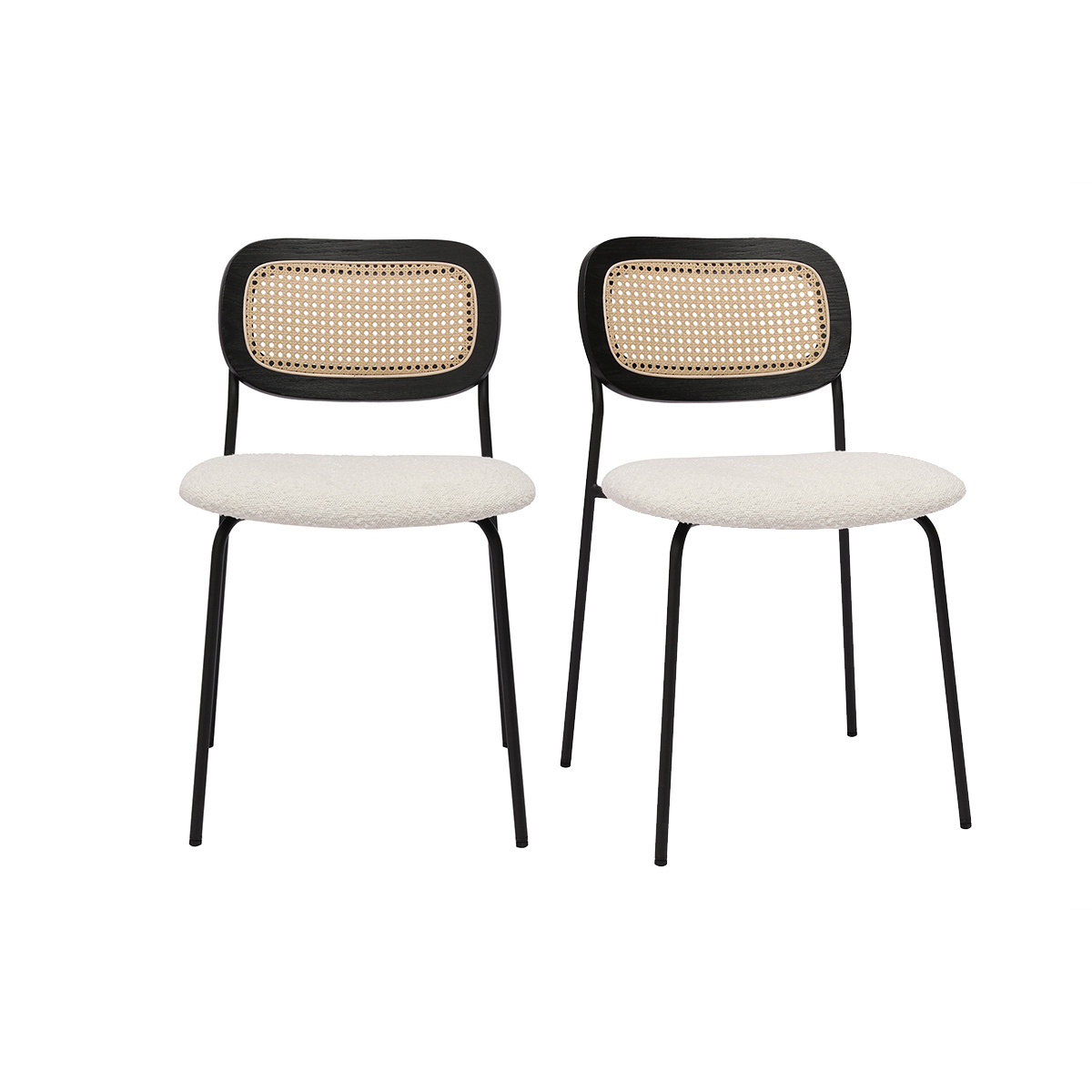 Sillas de diseño de tela de lana rizada blanco, metal negro y mimbre entrelazado (juego de 2) MIRANDA