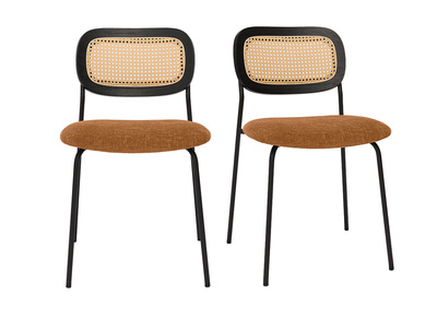 Sillas de diseño de tela de terciopelo texturizado color tierra quemada, metal negro y caña de ratán (juego de 2) MIRANDA