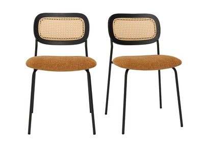 Sillas de diseño de terciopelo texturizado bronce, metal negro y mimbre (juego de 2) MIRANDA