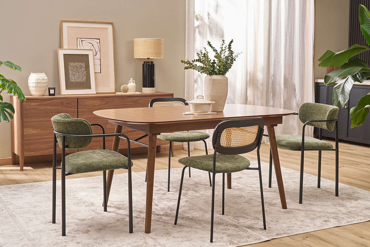 Sillas de diseo de terciopelo texturizado verde caqui, metal negro y rejilla de ratn (juego de 2) MIRANDA