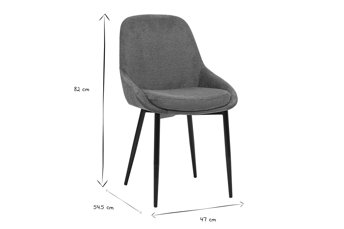 Dimensiones de las sillas HOLO: 82 cm de altura, 54,5 cm de profundidad, 47 cm de ancho en negro y blanco.