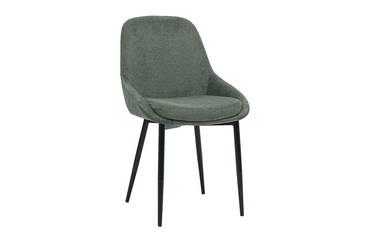 Silla de dise�o en tejido de chenilla verde caqui con patas de metal negro, vista de 3/4.