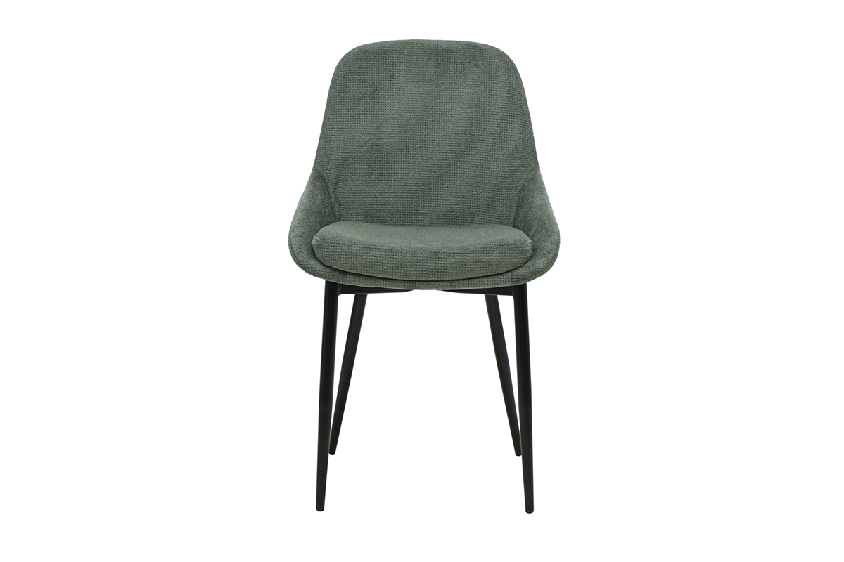 Silla de dise�o en tejido de chenilla verde caqui con base de metal negro, vista frontal