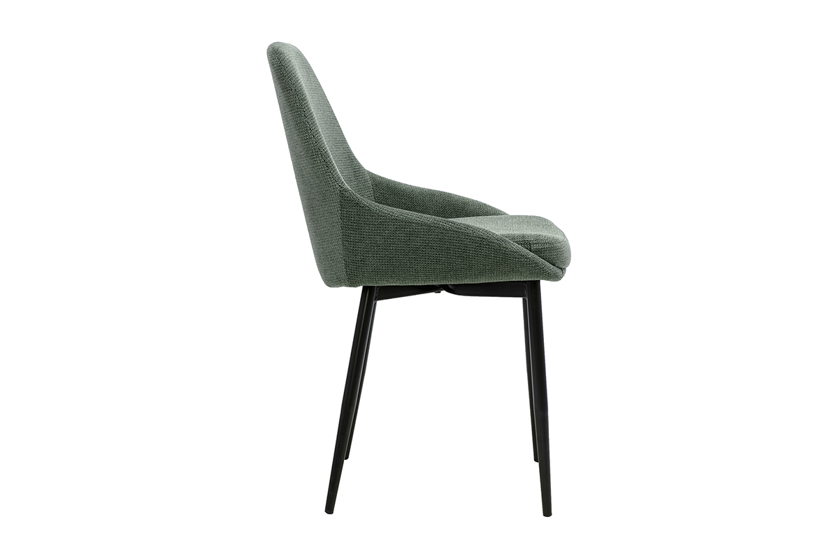 Silla de dise�o en tejido de chenilla verde caqui con base de metal negro, vista de perfil.