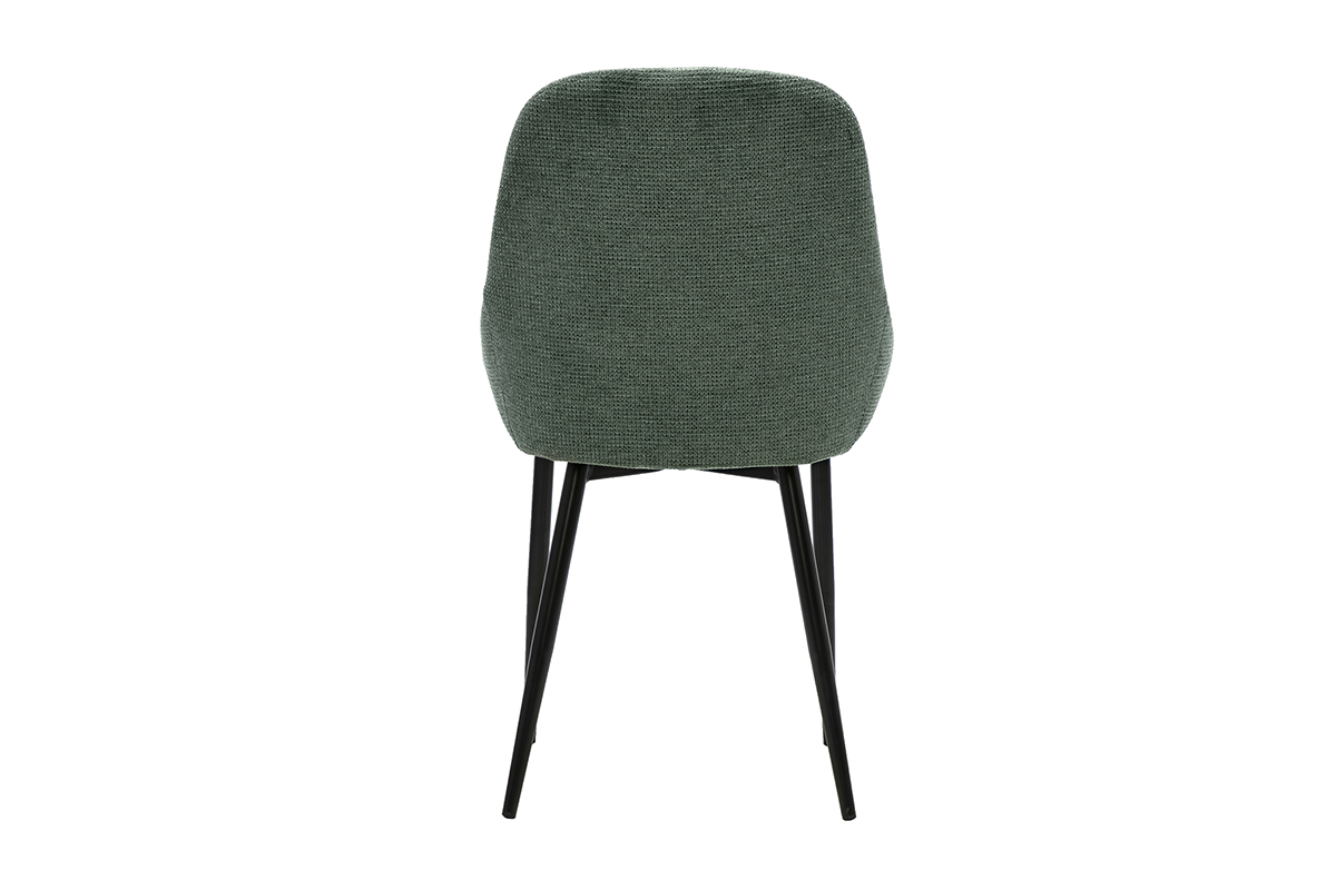 Silla de dise�o en tejido chenilla verde caqui vista desde atr�s, base de metal negro.