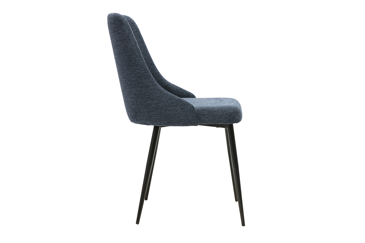 Silla de dise�o en tela azul oscuro con base de metal negro, vista de perfil