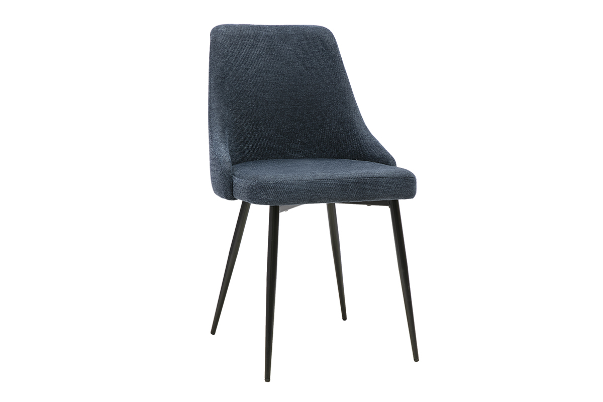 Silla de dise�o en tejido de terciopelo texturizado azul oscuro con base de metal negro, vista en 3/4