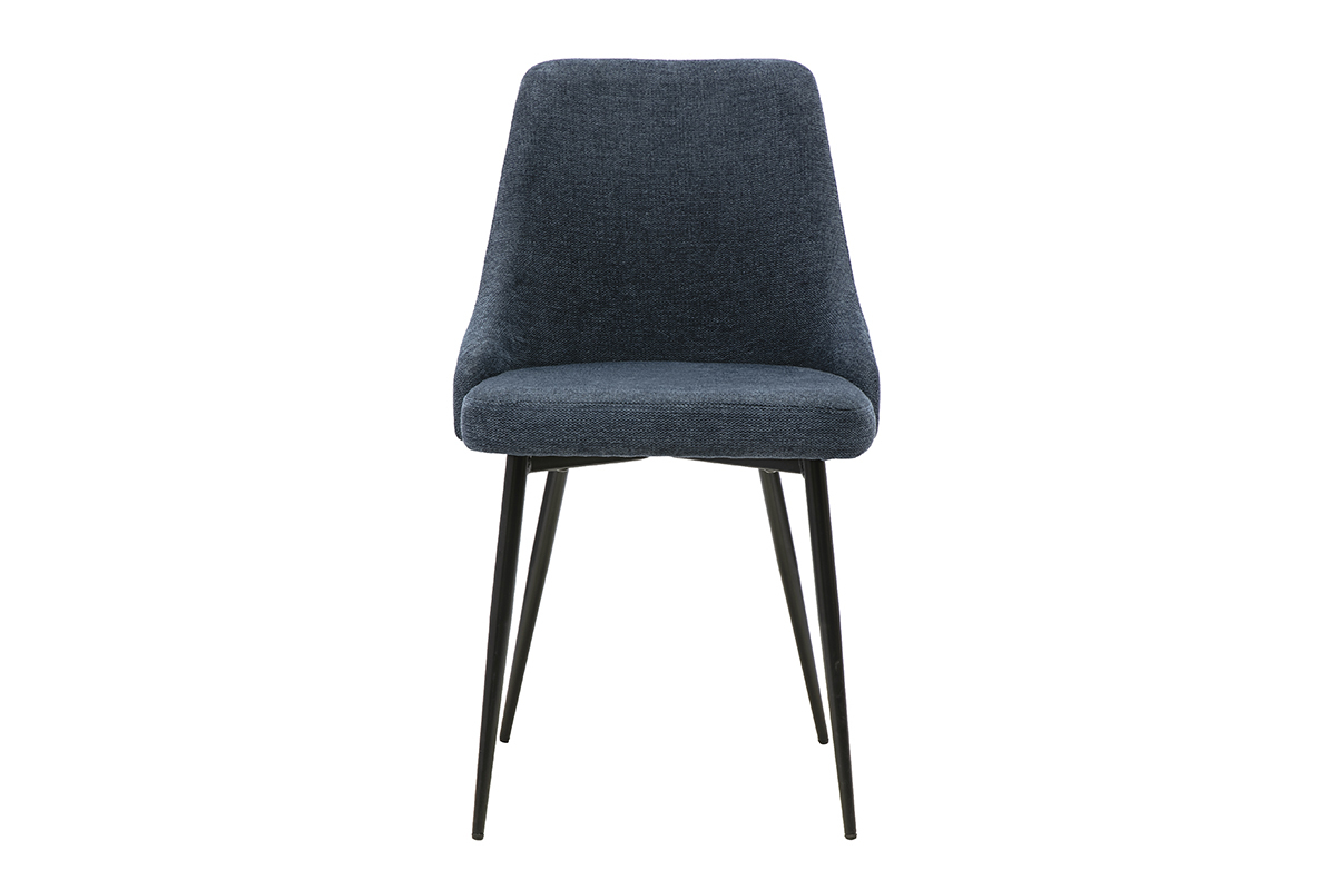 Silla de dise�o en tejido de terciopelo texturizado azul oscuro con base de metal negro, vista frontal.