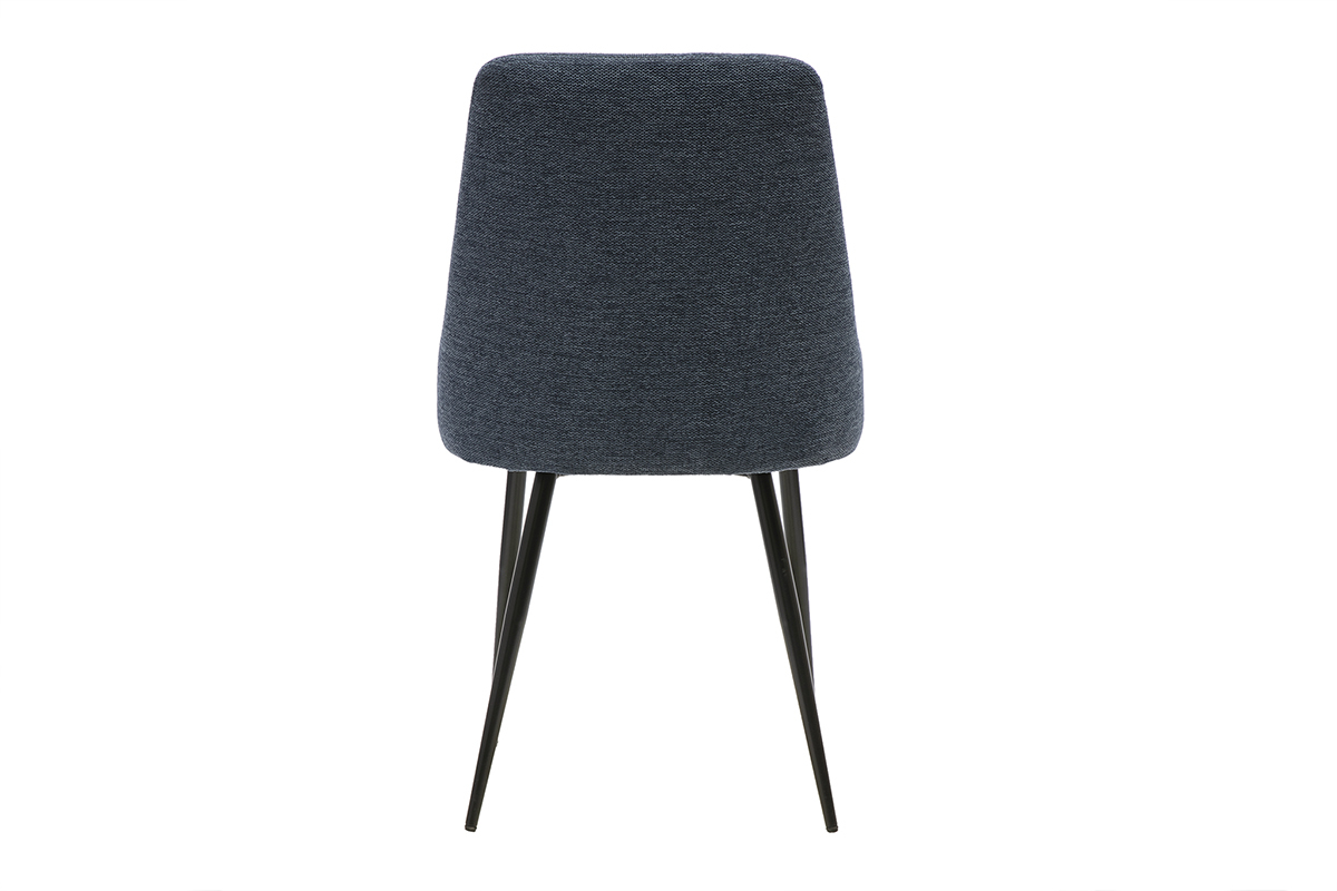 Silla de dise�o en tela de terciopelo texturizado azul oscuro, vista trasera, base de metal negro.