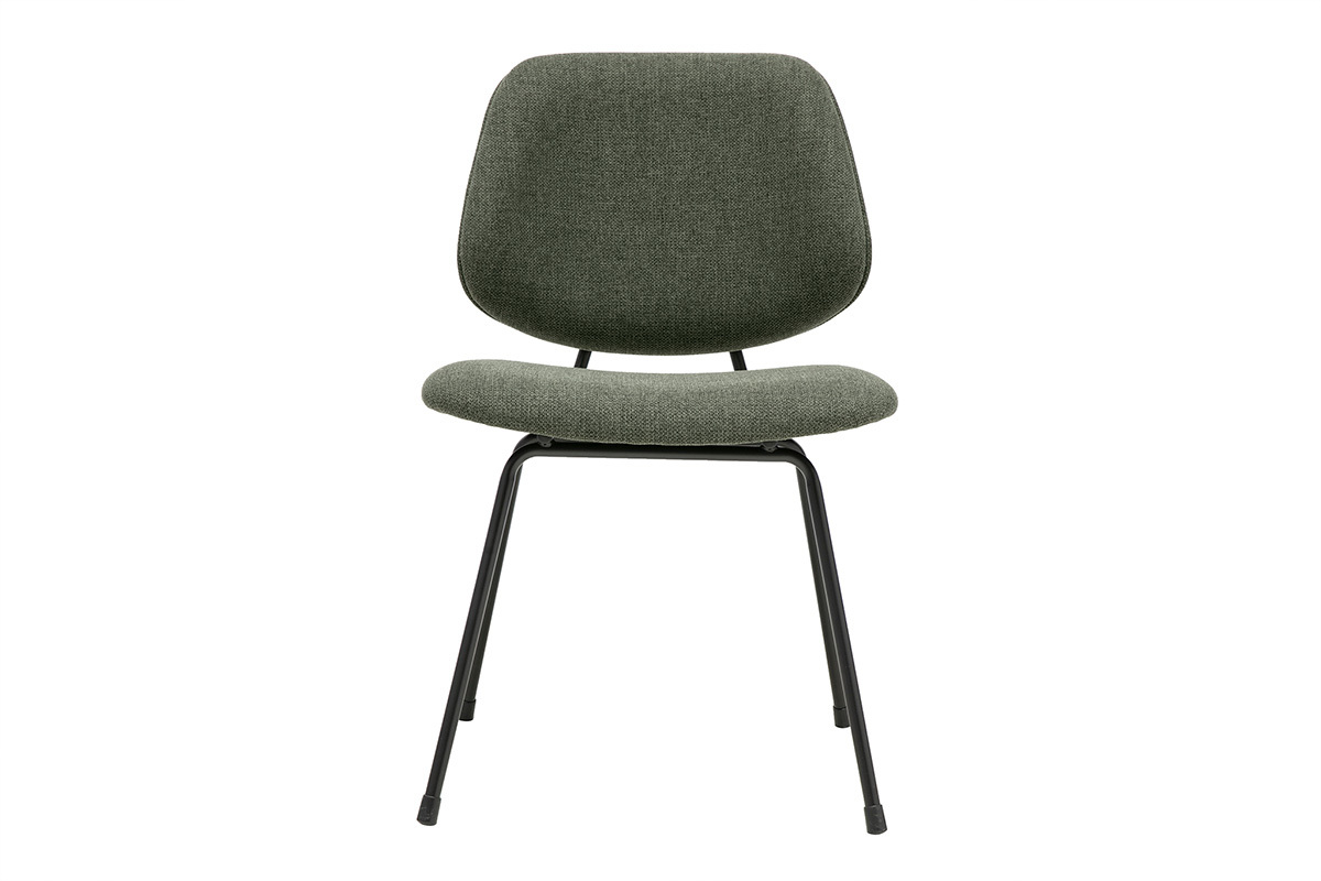 Silla de dise�o en tela verde caqui y metal negro, vista frontal