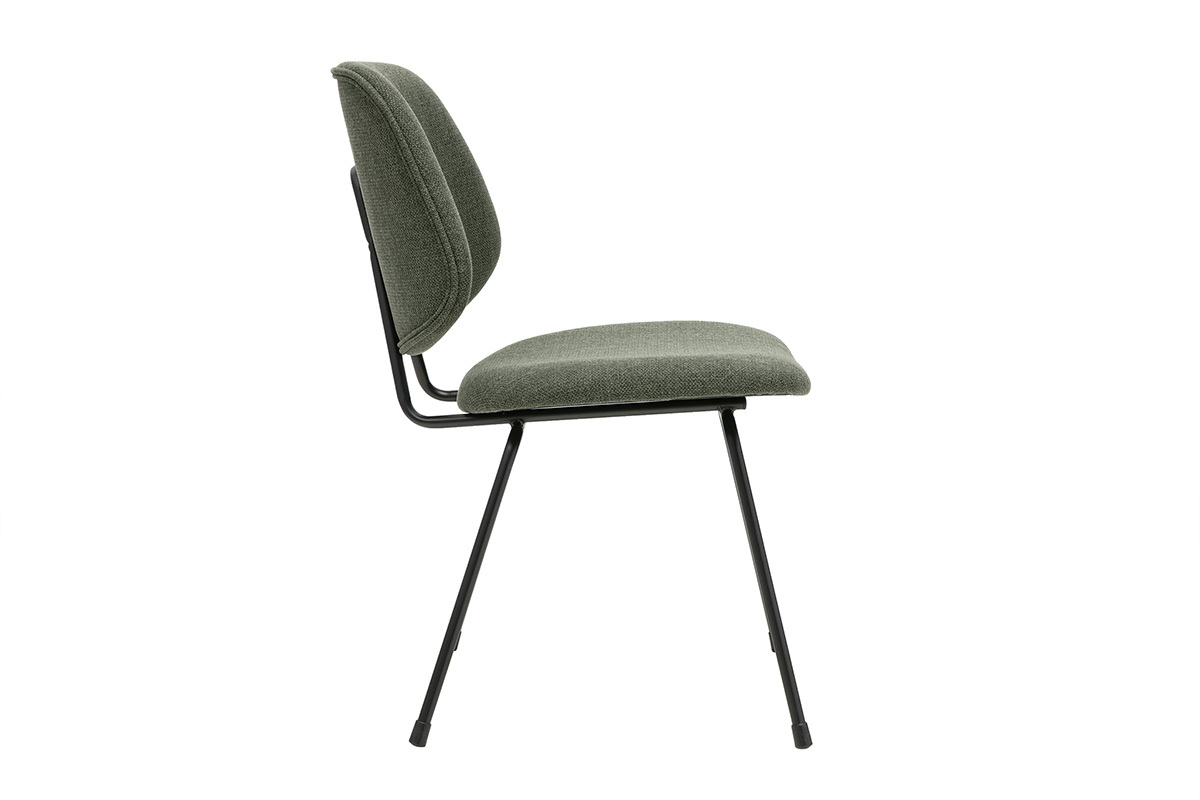 Silla de dise�o en tela verde caqui y metal negro vista de perfil
