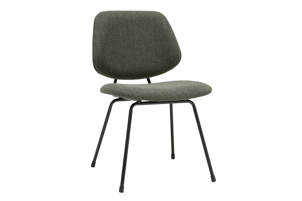 Silla de dise�o en tela verde caqui con estructura de metal negro, vista en 3/4