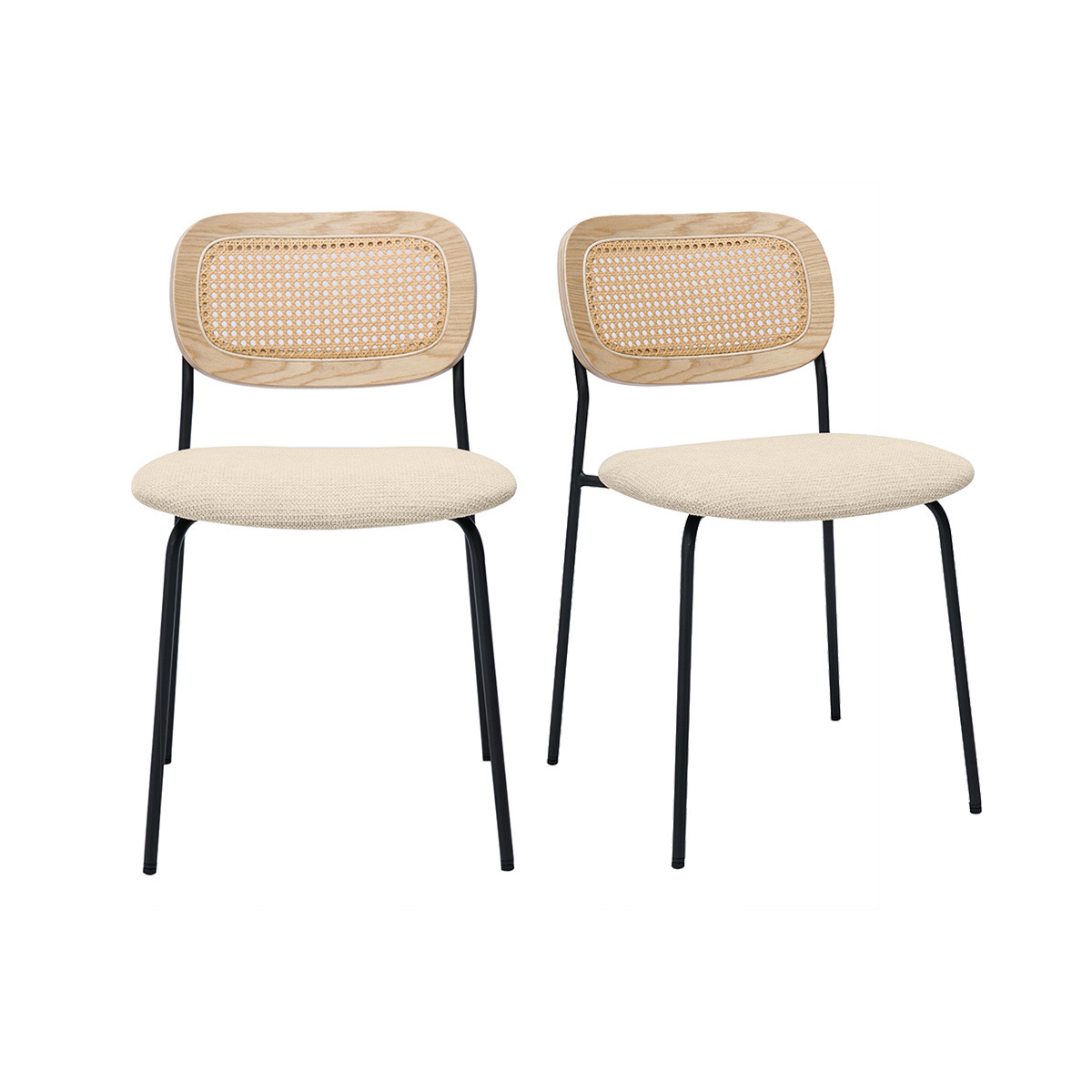 Sillas de diseño en tela con efecto terciopelo texturizado beige, metal negro y mimbre (juego de 2) MIRANDA