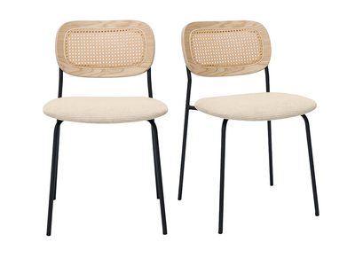 Sillas de diseño en tela con efecto terciopelo texturizado beige, metal negro y mimbre (juego de 2) MIRANDA