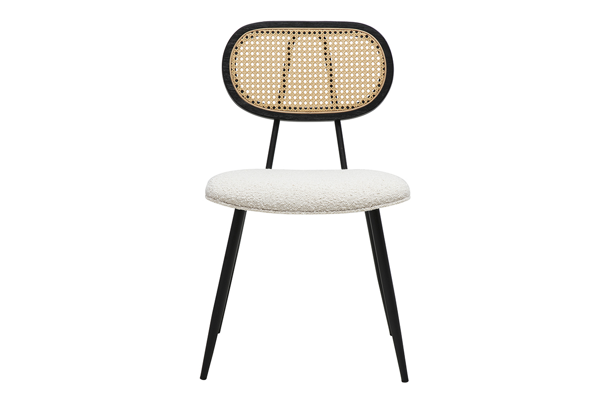 Silla SWANN en tela blanca, enrejado de rat�n y metal negro, vista frontal.