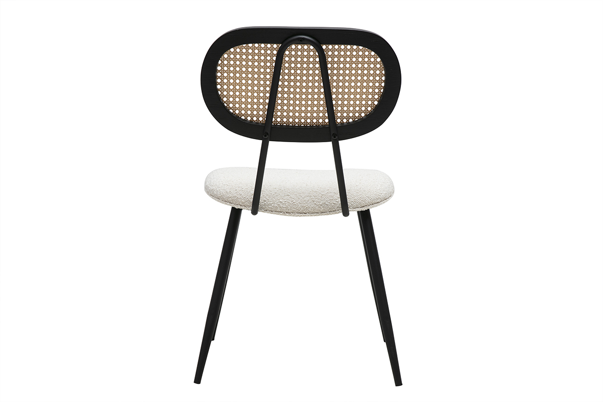 Silla Swann vista de atr�s con respaldo de rat�n y asiento de tela rizada, estructura de metal negro.