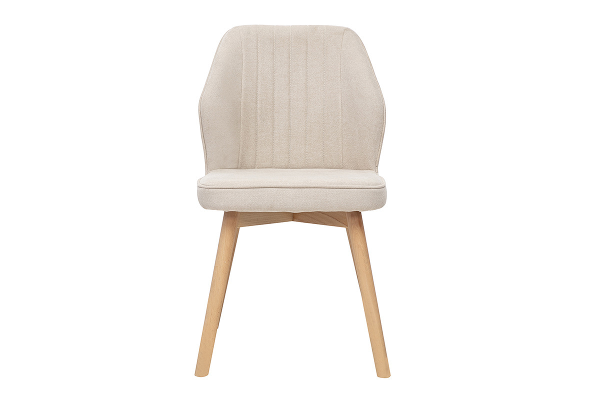 Silla de dise�o en tela de terciopelo beige y patas de madera clara, vista frontal.