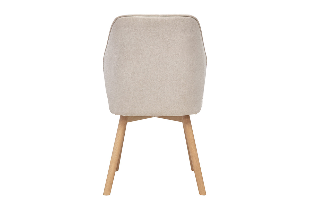 Silla beige de tela efecto terciopelo vista de detr�s, patas de madera clara.