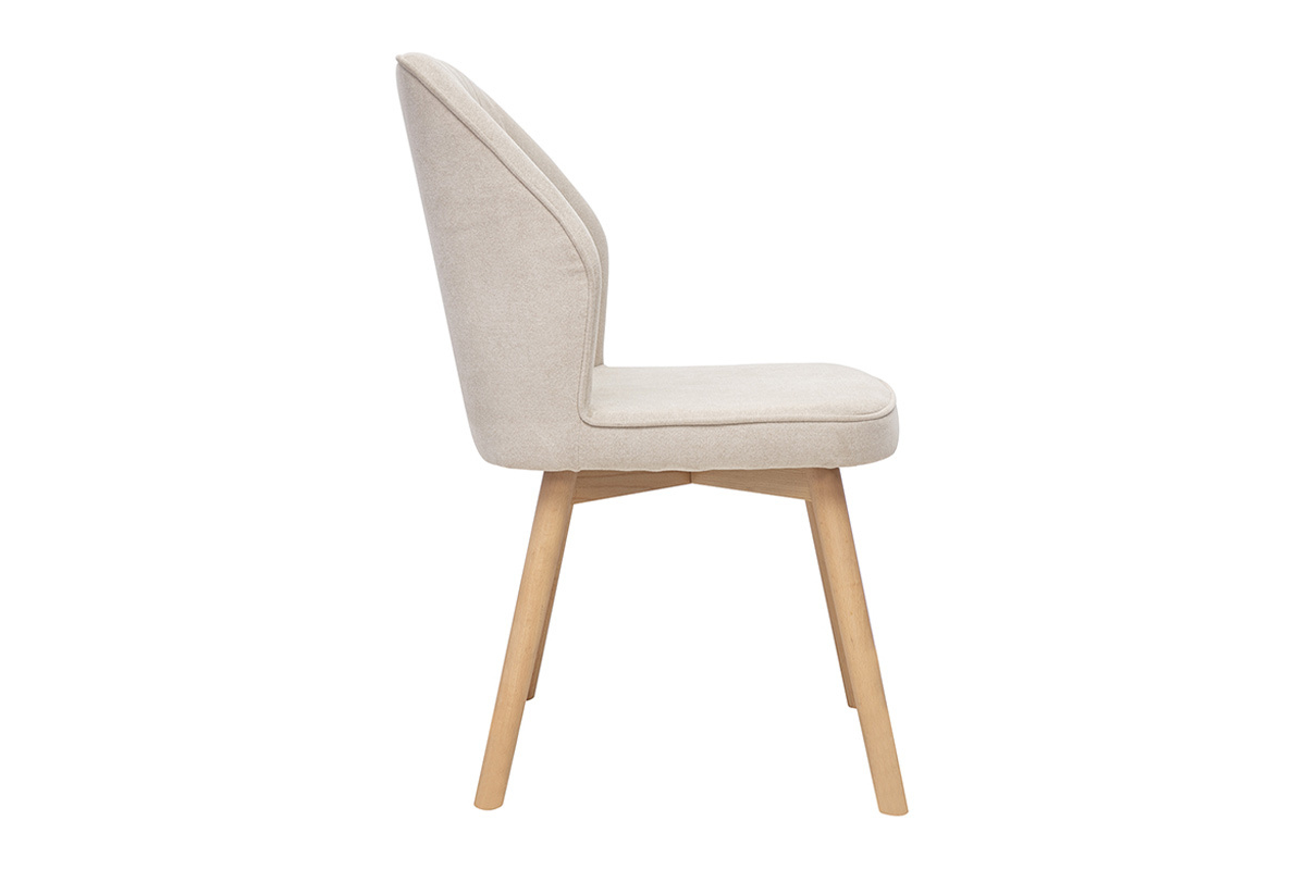 Silla de dise�o de tela efecto terciopelo beige, vista de perfil, patas de madera clara.