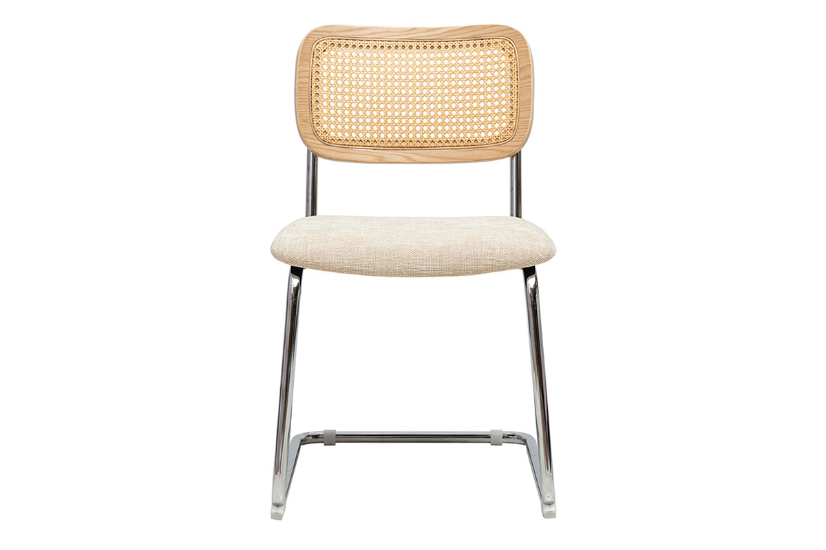 Silla con respaldo de ratn, tela beige y patas cromadas, vista frontal.