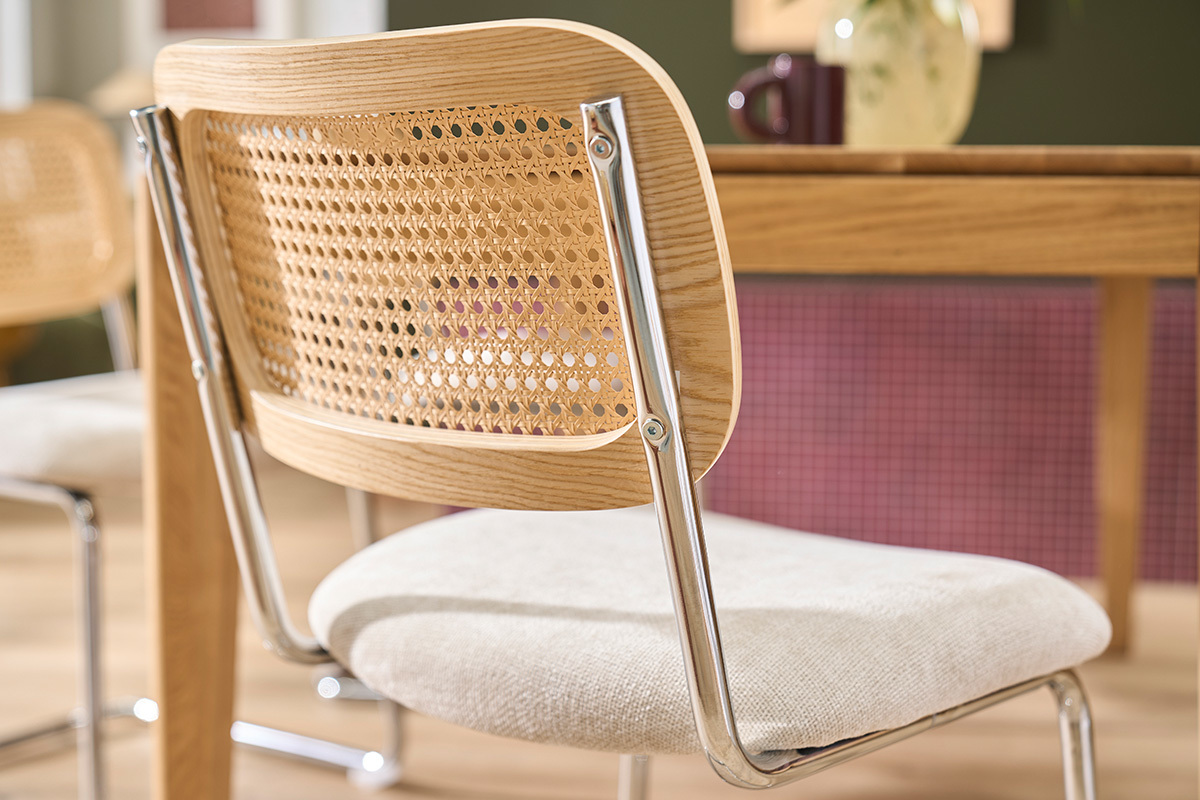 Sillas de dise�o en tela efecto terciopelo texturizado beige, metal cromado y cannage de rat�n (pack de 2) ELECTRA