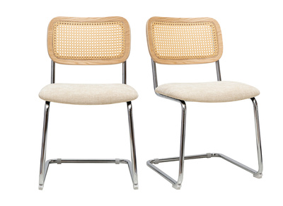 Sillas de diseño en tela efecto terciopelo texturizado beige, metal cromado y cannage de ratán (pack de 2) ELECTRA