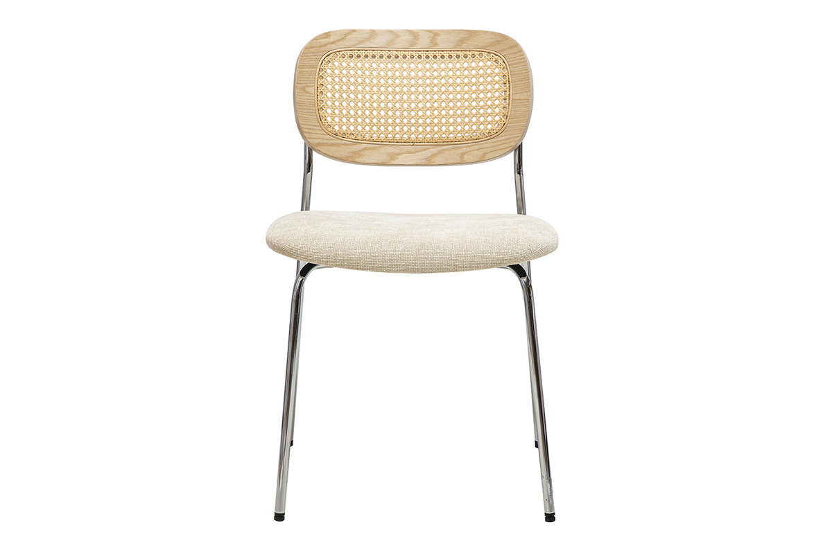 Sillas de diseo en tela efecto terciopelo texturizado beige, metal cromado y tejido de ratn (set de 2) MIRANDA