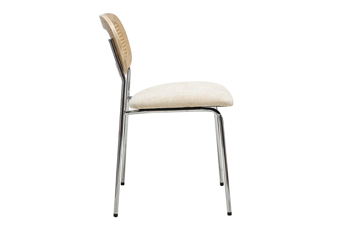 Sillas de diseo en tela efecto terciopelo texturizado beige, metal cromado y tejido de ratn (set de 2) MIRANDA