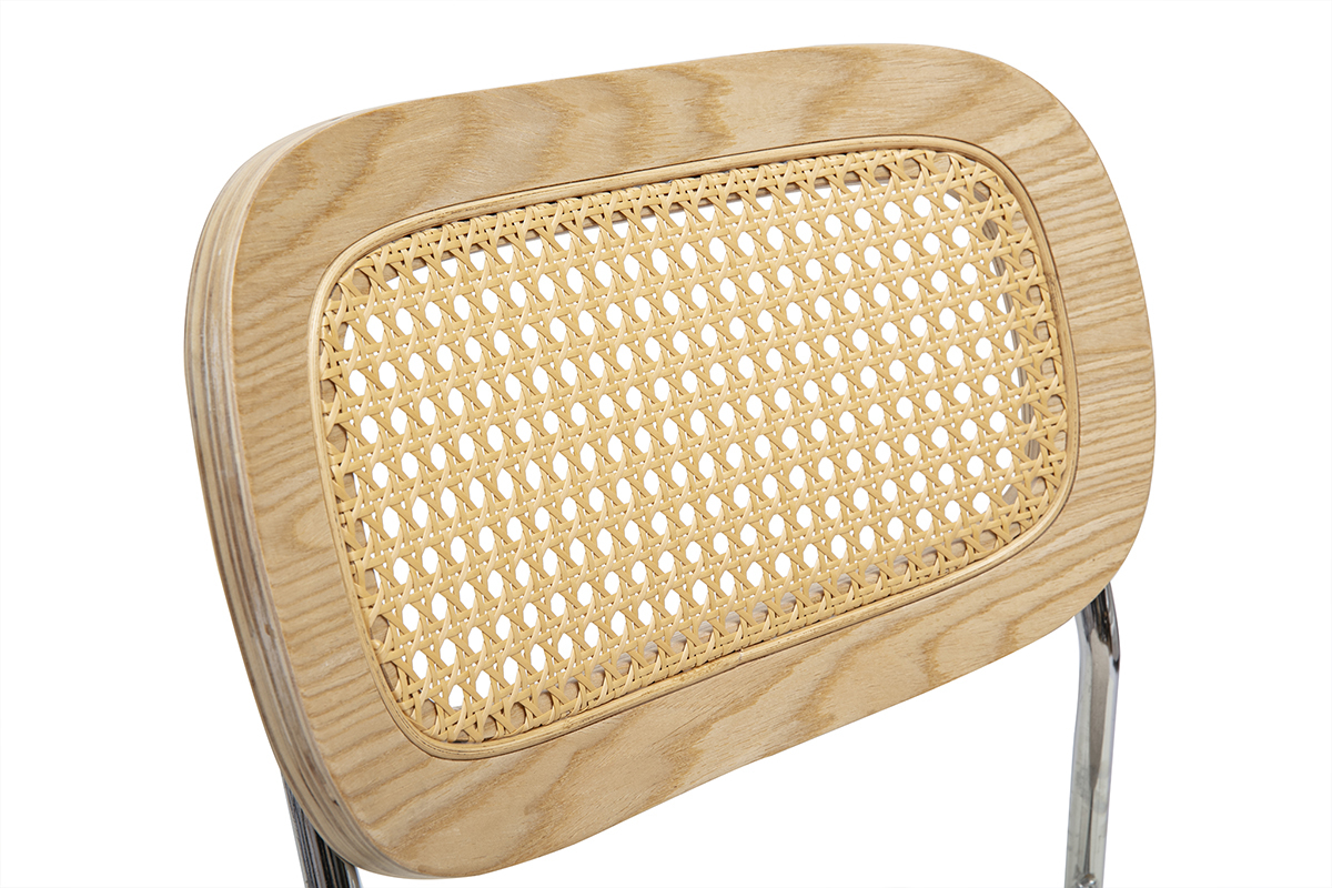 Sillas de diseo en tela efecto terciopelo texturizado beige, metal cromado y tejido de ratn (set de 2) MIRANDA