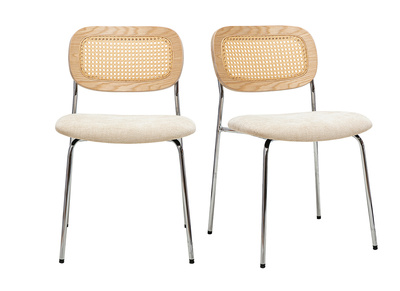 Sillas de diseño en tela efecto terciopelo texturizado beige, metal cromado y tejido de ratán (set de 2) MIRANDA