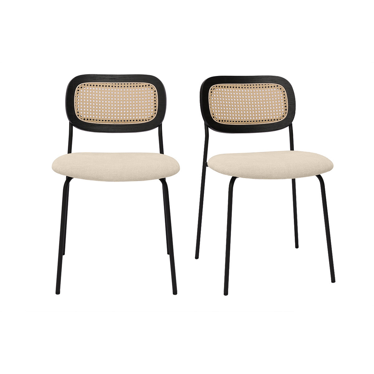 Sillas de diseño en tela efecto terciopelo texturizado beige, metal negro y rejilla de ratán (juego de 2) MIRANDA