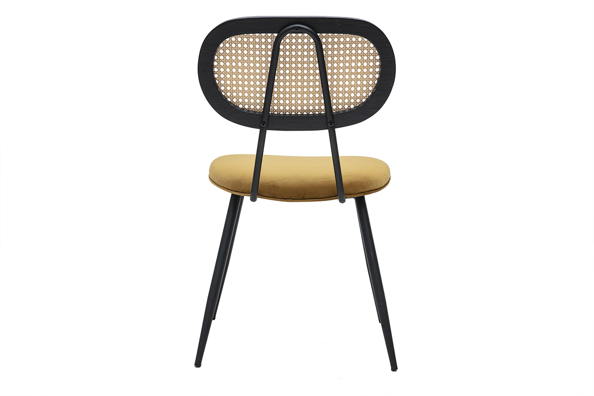 Silla SWANN de terciopelo bronce, respaldo de rejilla de rat�n, vista trasera, patas de metal negro.