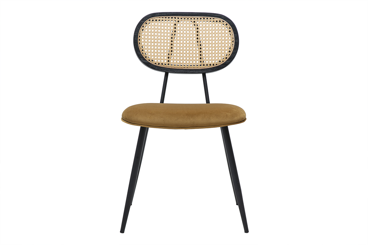Silla de terciopelo bronce, metal negro, rat�n tejido, vista frontal.