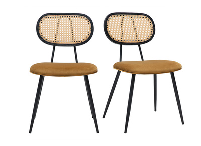 Sillas de dise&ntilde;o en terciopelo bronce, metal negro y rat&aacute;n trenzado (juego de 2) SWANN
