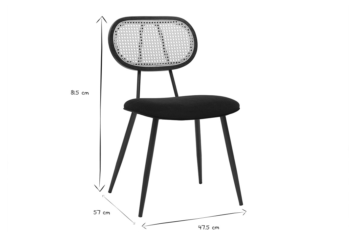 Silla negra de terciopelo y rat�n con dimensiones, vista lateral.