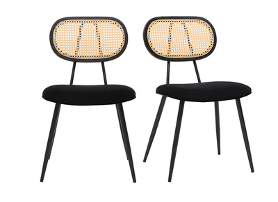 Sillas de dise&ntilde;o negro en terciopelo, metal y rat&aacute;n sint&eacute;tico (juego de 2) SWANN