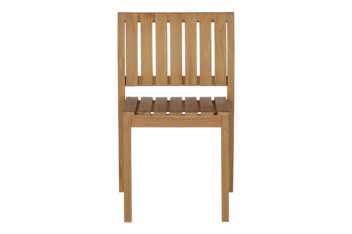 Silla de jard�n TECKA en teca maciza, vista frontal, dise�o depurado y sin apoyabrazos, apilable.