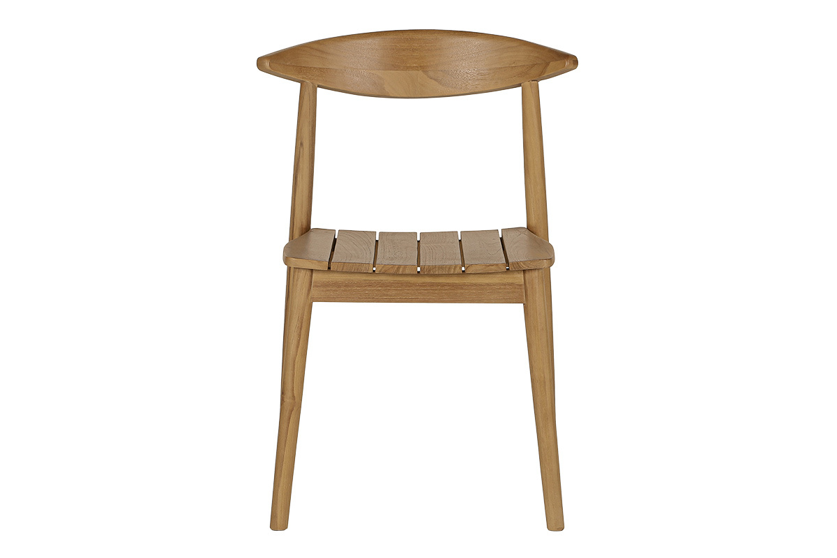 Silla de jard�n apilable de teca maciza, vista frontal, dise�o depurado, estilo natural.