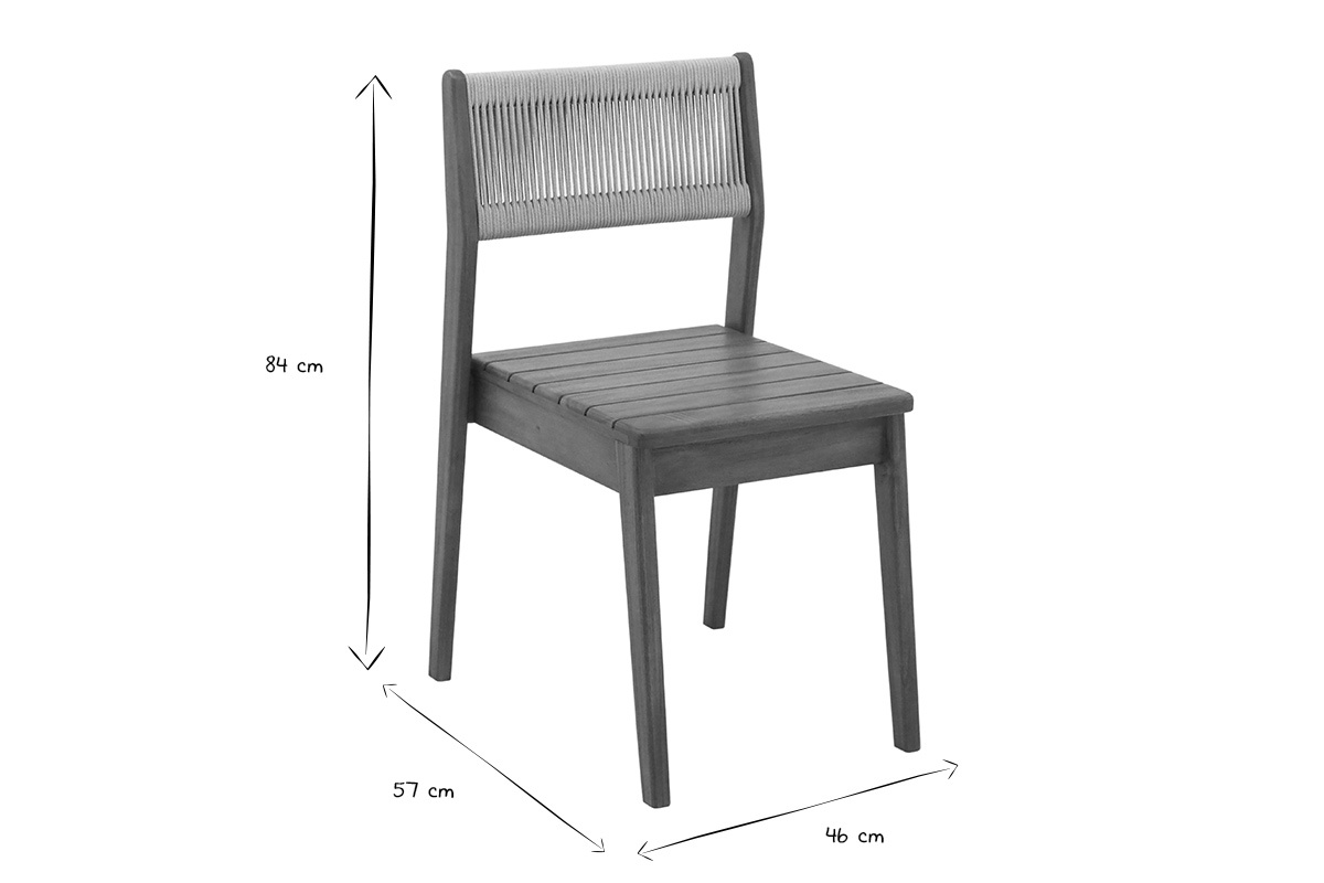 Sillas de jard�n ZEPHYR de madera y cuerda, dimensiones 84x57x46 cm, vista lateral, negro y blanco.