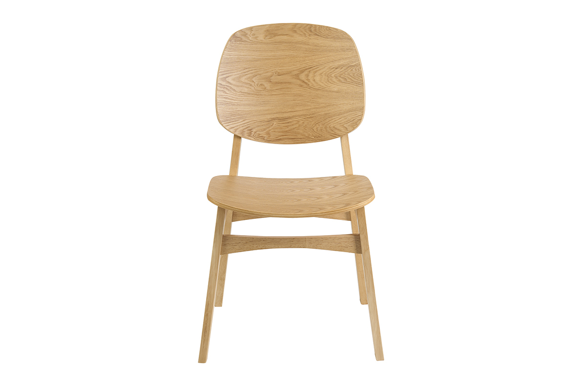 Silla de madera clara de fresno, vista frontal, de dise�o escandinavo con asiento y respaldo curvados.