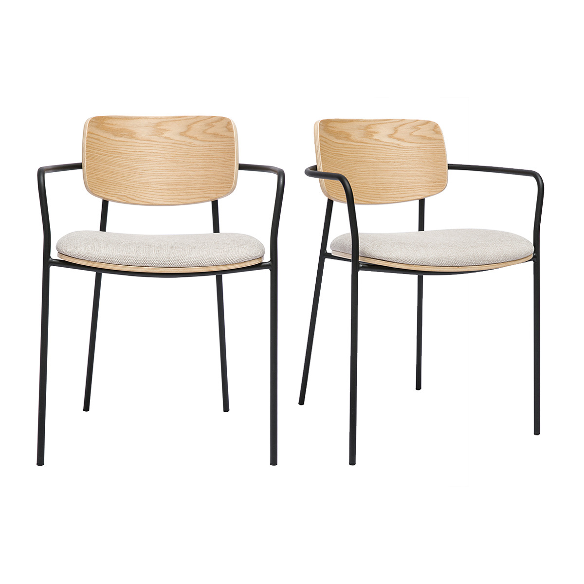 Sillas de madera clara roble, tela de terciopelo beige texturizado y metal negro (juego de 2) SUSAN