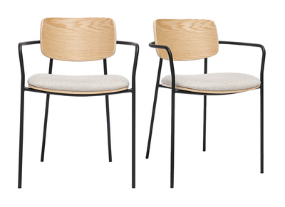 Sillas de madera clara roble, tela de terciopelo beige texturizado y metal negro (juego de 2) SUSAN