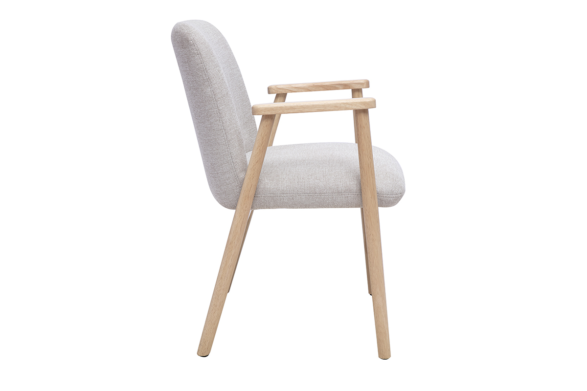 Silla de tela con efecto terciopelo texturizado beige con reposabrazos, vista de perfil, patas de madera clara.