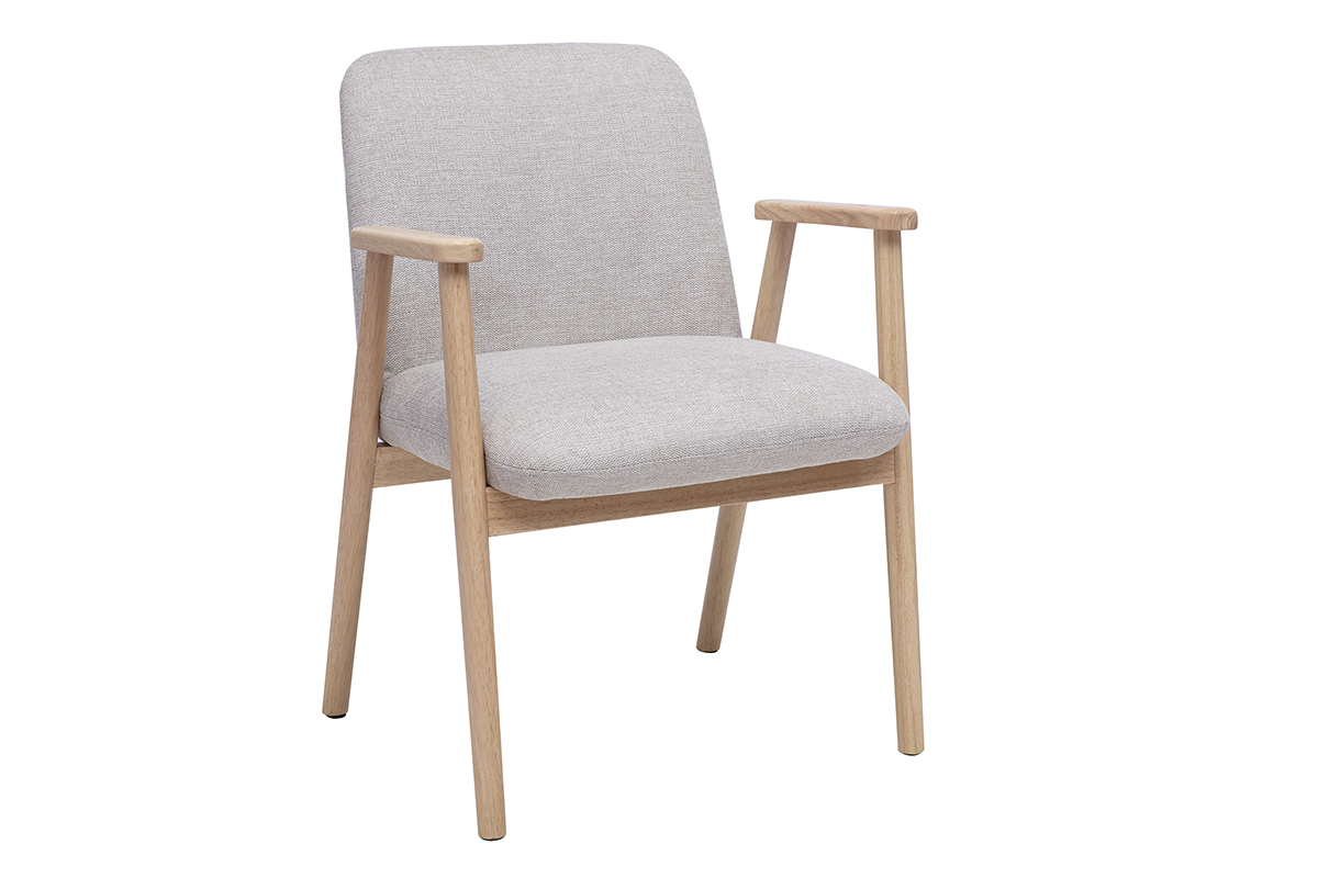 Silla de tela beige efecto terciopelo, estructura de madera clara, vista en 3/4