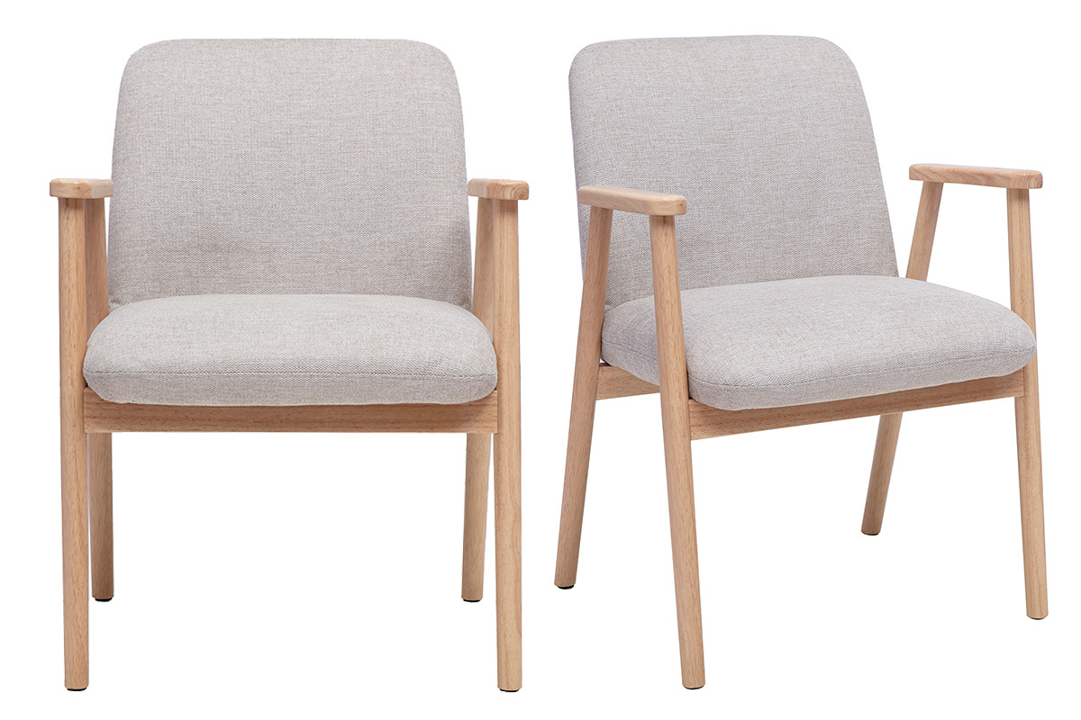Pack de 2 sillas de tela con efecto terciopelo beige y madera clara, vista de frente.